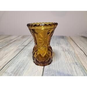 Mini Amber Glass Toothpick Matchstick Holder Starburst  Made in Hong Kong 3"